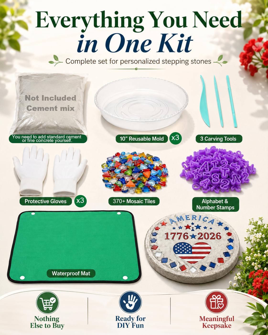 Spocwd 3 Sets 10in Stepping Stones Kit for Kids - Includes Concrete Molds, Mosaic Tiles, Letter Number Stamps & Carving