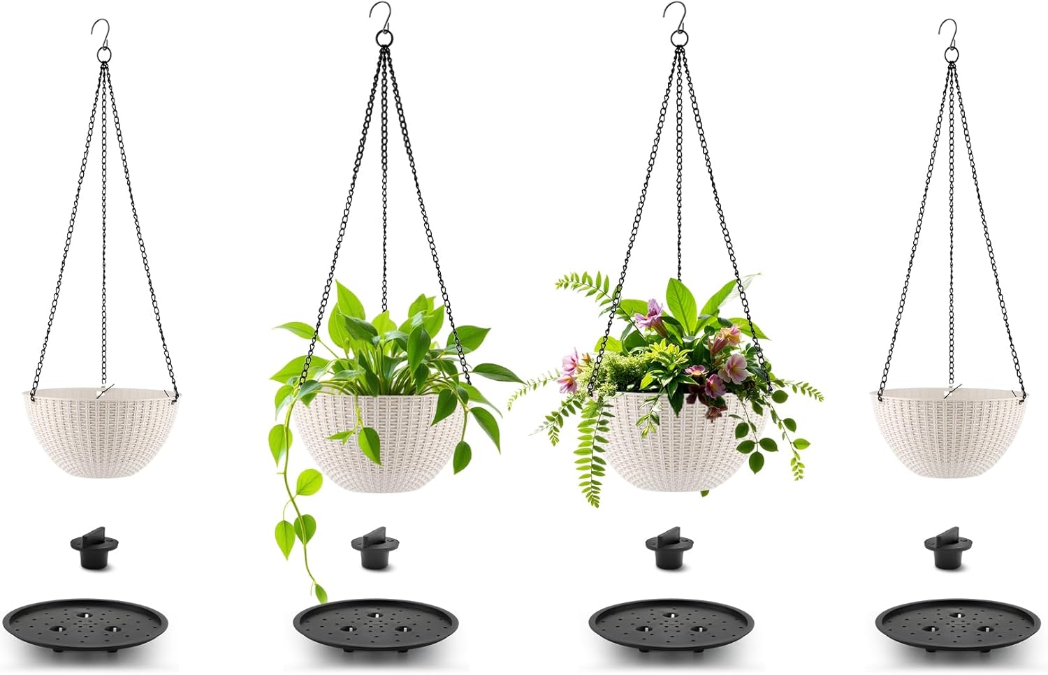 Hanging Planters 8 Inch & 10 Inch, 4 Pack Self Watering Baskets, White | Outdoor/Indoor Plants, Durable PP plastic