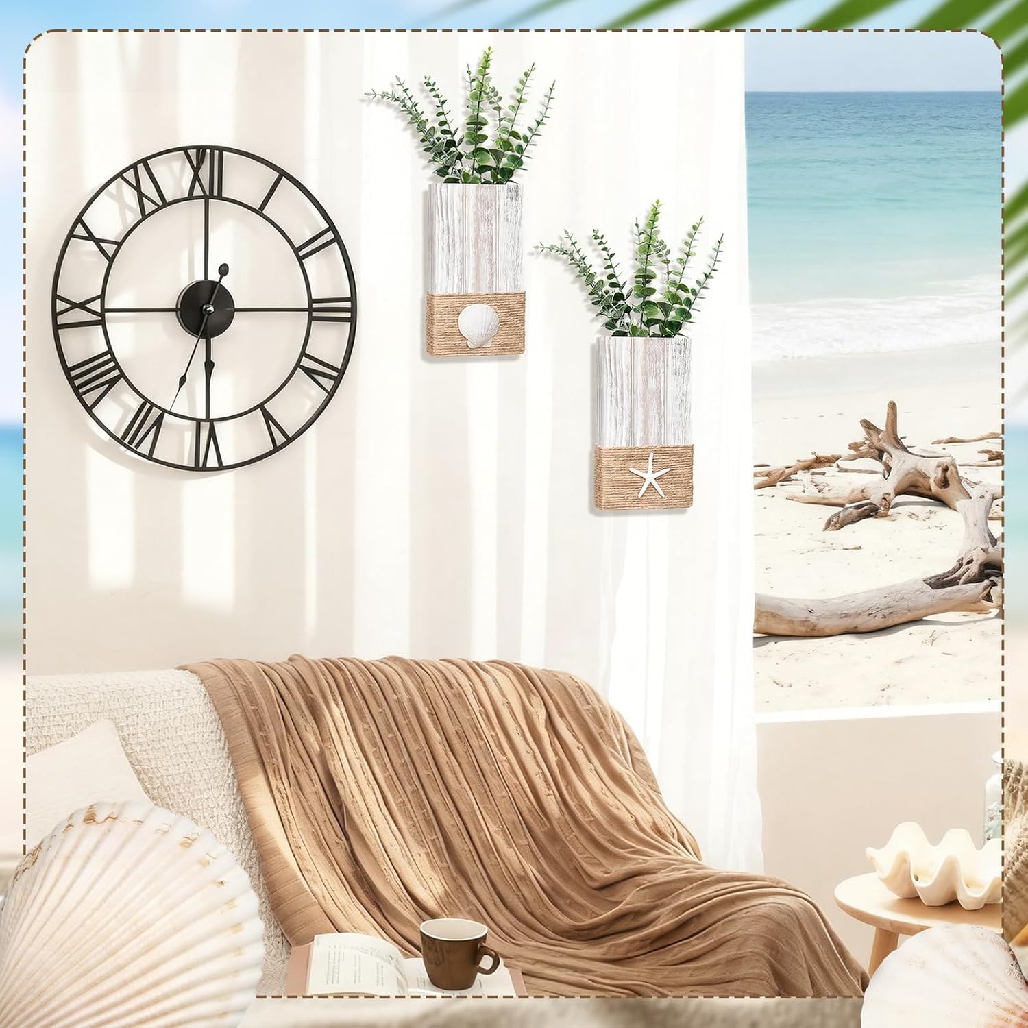 AceOrbit 2 Pcs Beach Rustic Wood Wall Planter Vase Beach Room Decor Nautical Coastal Farmhouse Wall Hanging Decor