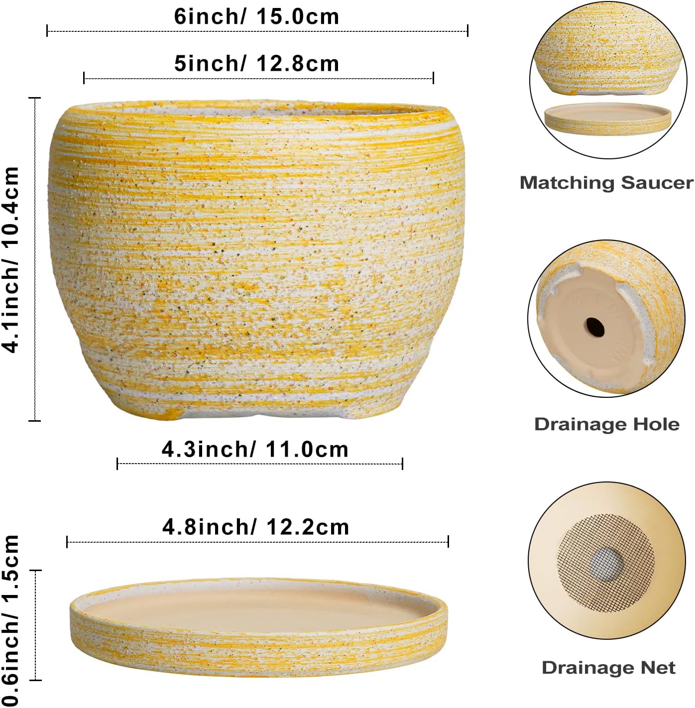 SQOWL Ceramic Planter - 6 Inch Plant Pot Indoor with Drainage Hole and Saucer, Decorative Ceramic Flower Pot Outdoor