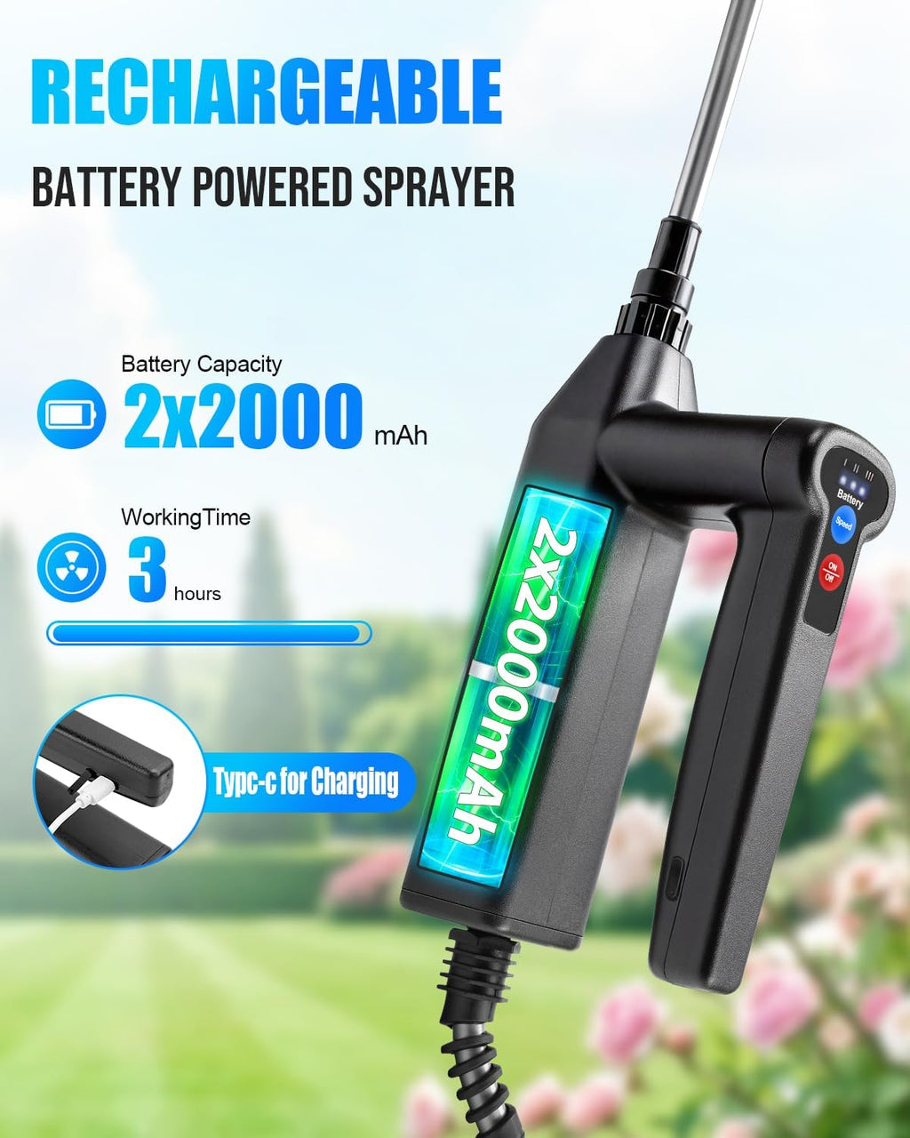 Battery Powered Sprayer 2 Gallon, Electric Weed Sprayer with 3 Adjustable Pressure Levels, 4 Nozzles & Extendable Wand