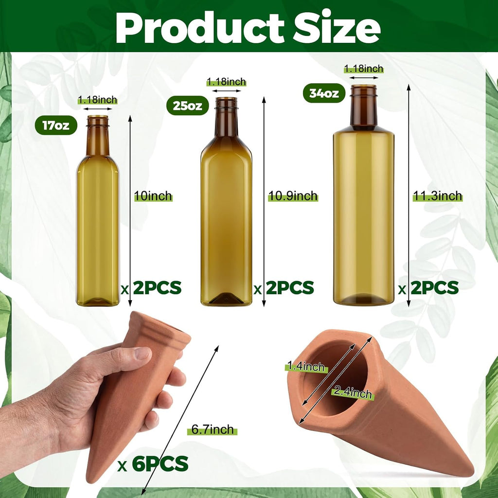 12 Pcs 17oz 25oz 34oz Plant Watering Devices 6 Terracotta Self Watering Spikes 6 Plastic Bottles Slow Release Vacation