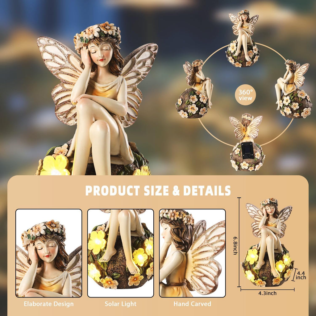 Solar Fairy Statue Sitting on the Flower Ball Light 6.8"Angel Statues | for Garden Yard Patio Porch Lawn Decor Resin