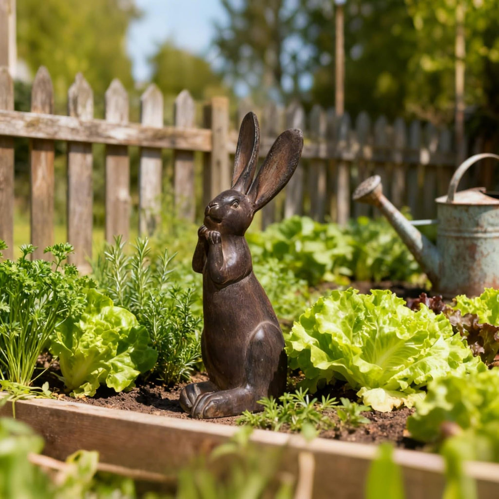 DiliComing Bunny Garden Decor 11 Inch Brown Resin Rabbit Outdoor Statue | Animals Yard Decorations, Cute Cheeky Bunny