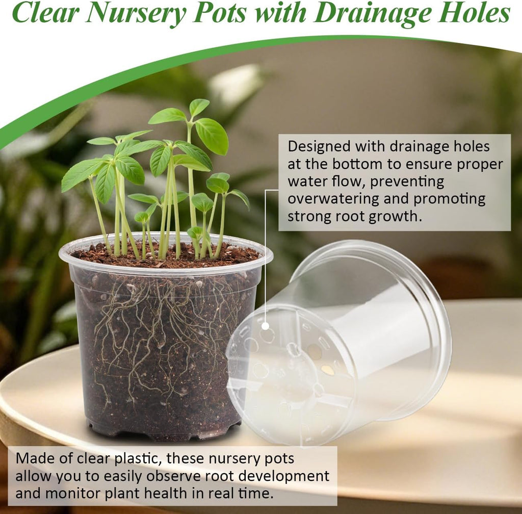RooTrimmer 60 Pack Clear Nursery Pots with Humidity Domes, 4 Inch Plastic Plant Pots with Drainage Holes for Seedlings