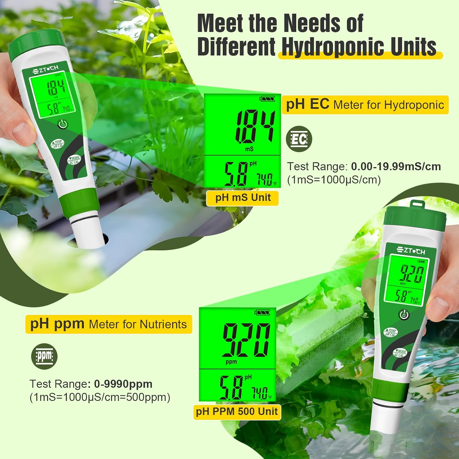 Hydroponic pH EC Meter, Water pH TDS PPM Meter | for Reservoir Nutrient Solution, pH EC Meter for Water Hydroponic DWC