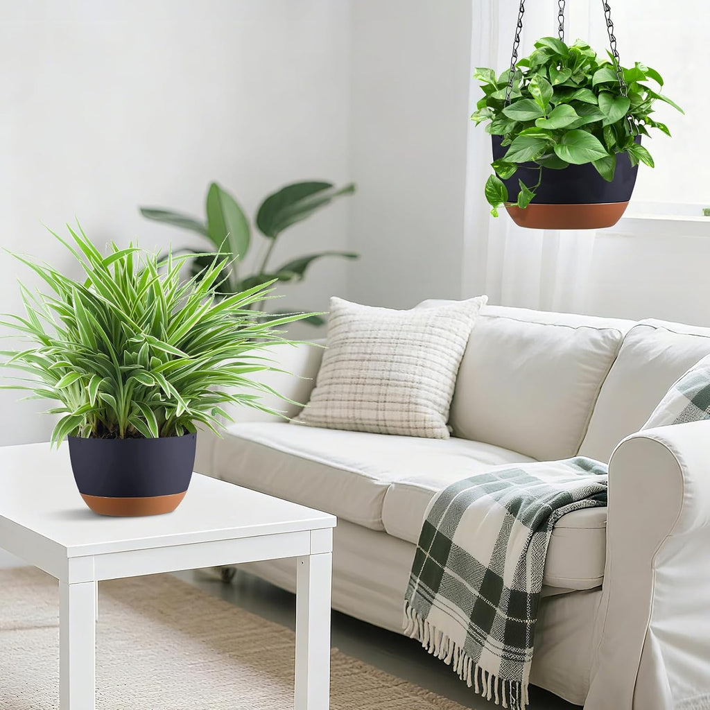Set of 2-8 Inch Hanging Planters for Indoor Outdoor Plants | Self-Watering Hanging Flower Pots with Drainage Hole &