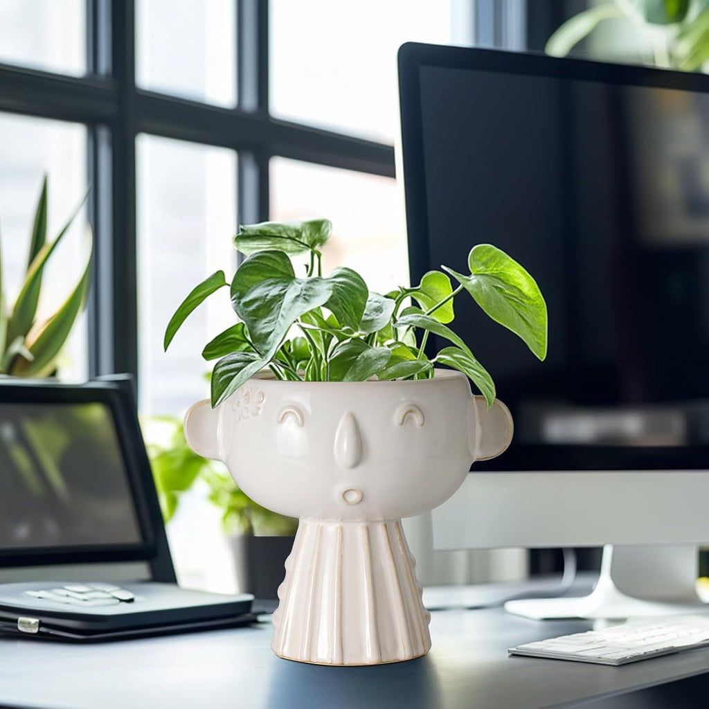 Face Planter Pot 7 Inch - Cute Ceramic Flower Head Planter for Indoor Outdoor Succulent Pot with Drainage Hole Flower
