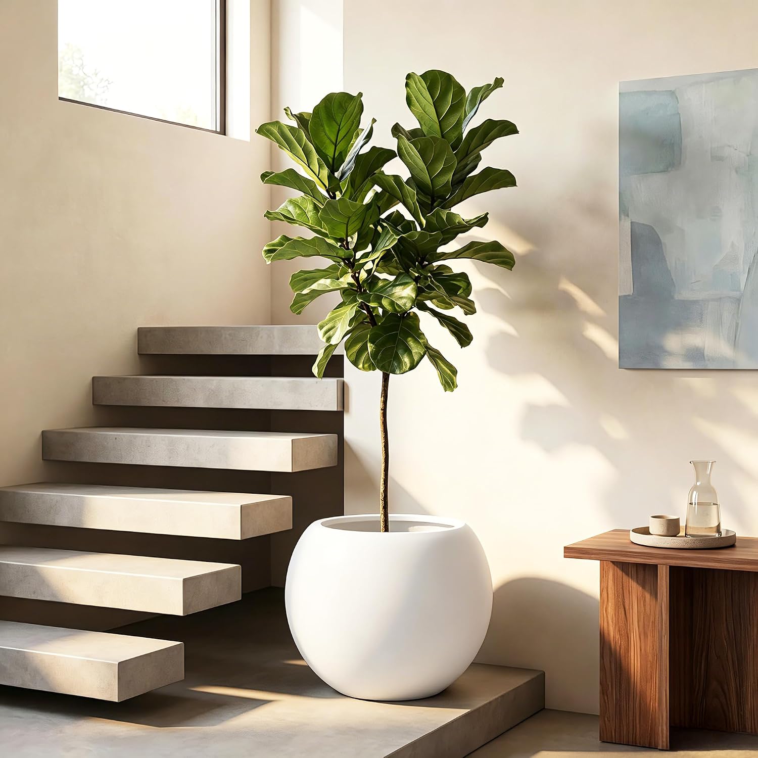 13.5" H x 17" Dia White Fiberstone Planter Pot with Drainage Hole, Large Round Indoor Outdoor Flower Pot for Artificial