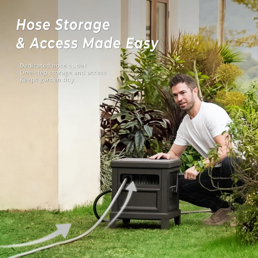 Heavy Duty Steel Garden Hose Reel Deck Box, Holds 125 ft x 5/8 inch Hose, Leak-Proof Aluminum Water System, Manual