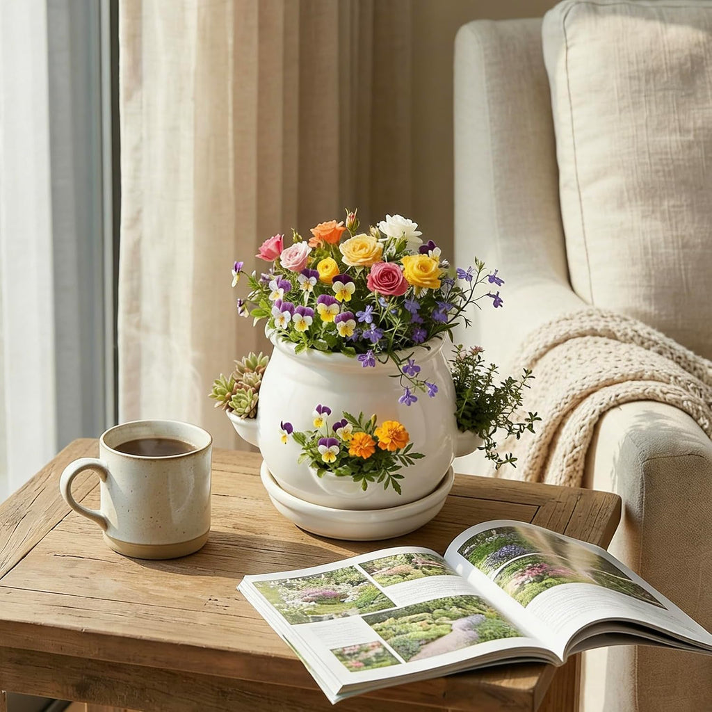 MyGift White Ceramic Plant Pot, Flower Strawberry Planter with Saucer and 4 Decorative Side Openings Design