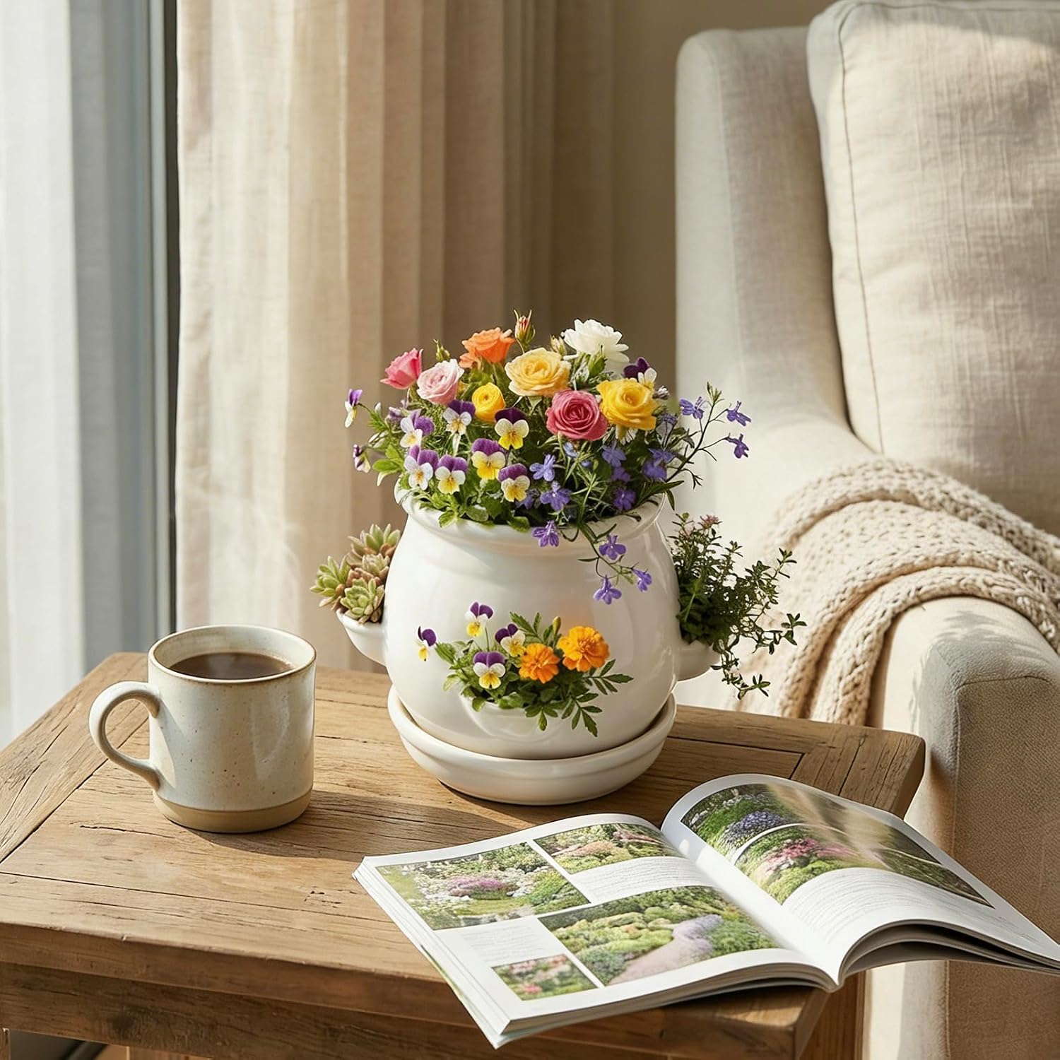 MyGift White Ceramic Plant Pot, Flower Strawberry Planter with Saucer and 4 Decorative Side Openings Design