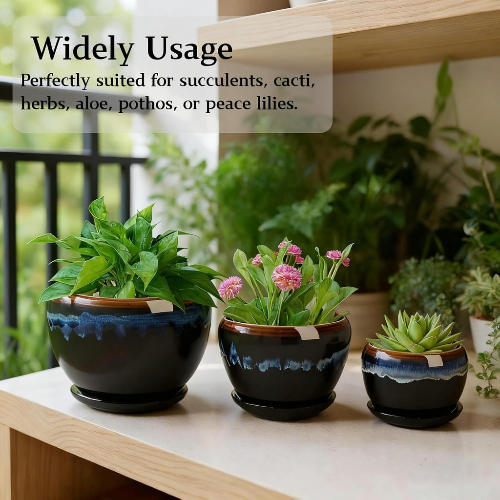 AVLA 3 Pack Ceramic Flower Pots, Gardening Drip Glazed Planter, Plant Pot with Drainage Hole and Saucer, 7/5/4 Inch