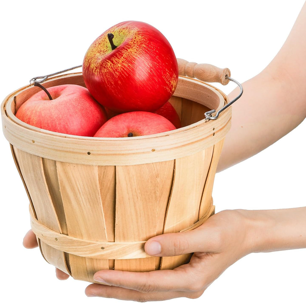 Okllen 2 Pack Round Wooden Baskets with Handle, Empty Wood Fruit Buckets, Easter Basket Fall Harvest Basket for Display