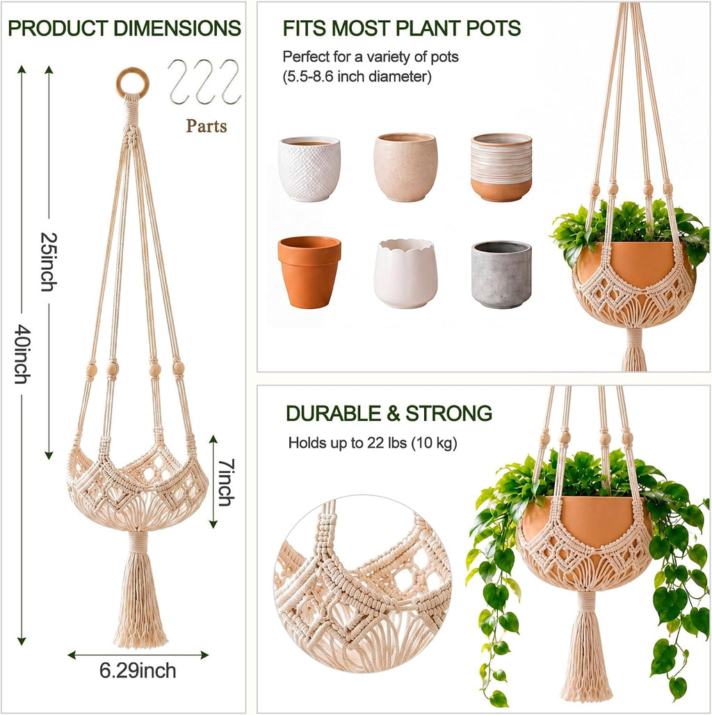 Shappy 3 Pack Boho Macrame Plant Hanger for Indoor | Large Hanging Planter Plant Holder Pot Hanger Hanging Basket Wall
