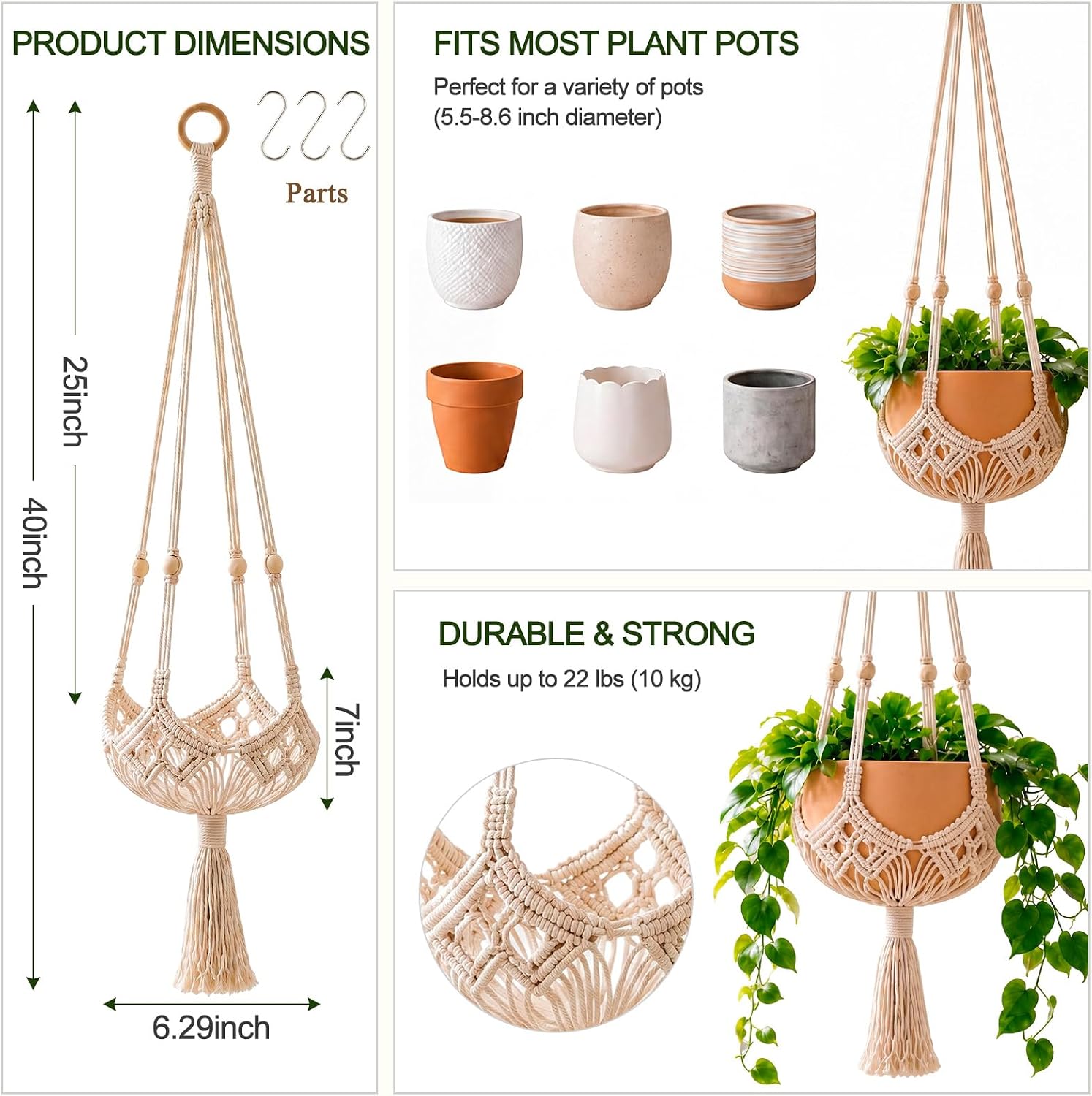 Shappy 3 Pack Boho Macrame Plant Hanger for Indoor | Large Hanging Planter Plant Holder Pot Hanger Hanging Basket Wall