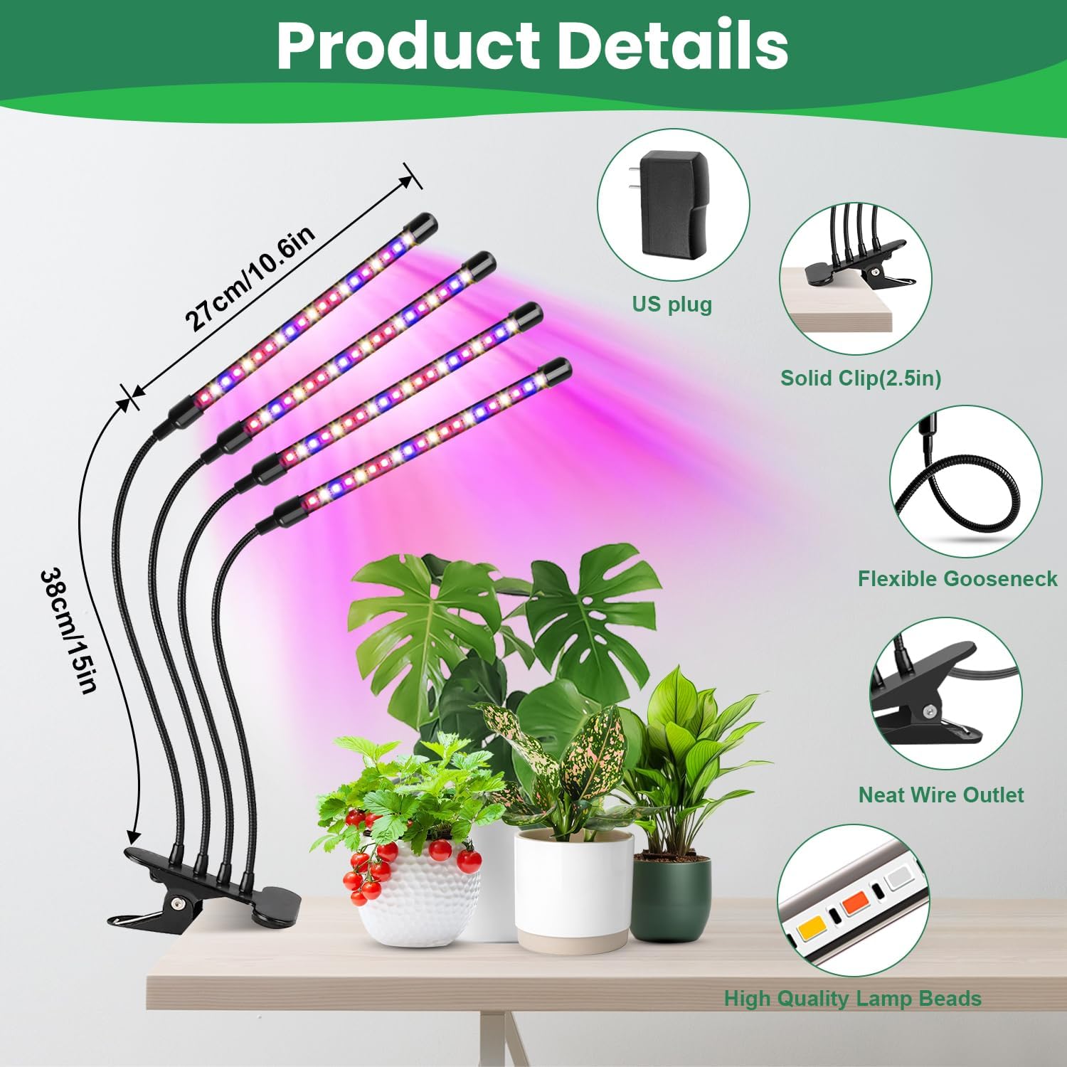 Grow Lights for Indoor Plants, Full Spectrum with Clip, 4 Head | 6000K Plant Light, Timer 6/12/16Hrs, 3 Spectrums, 5