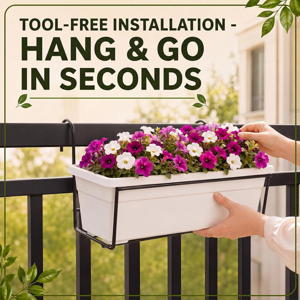 Landhoow 2 Pcs Railing Flower Box Holder, 14in Heavy Duty Metal Hanging Flower Pot Stand, Railing Planter Bracket for