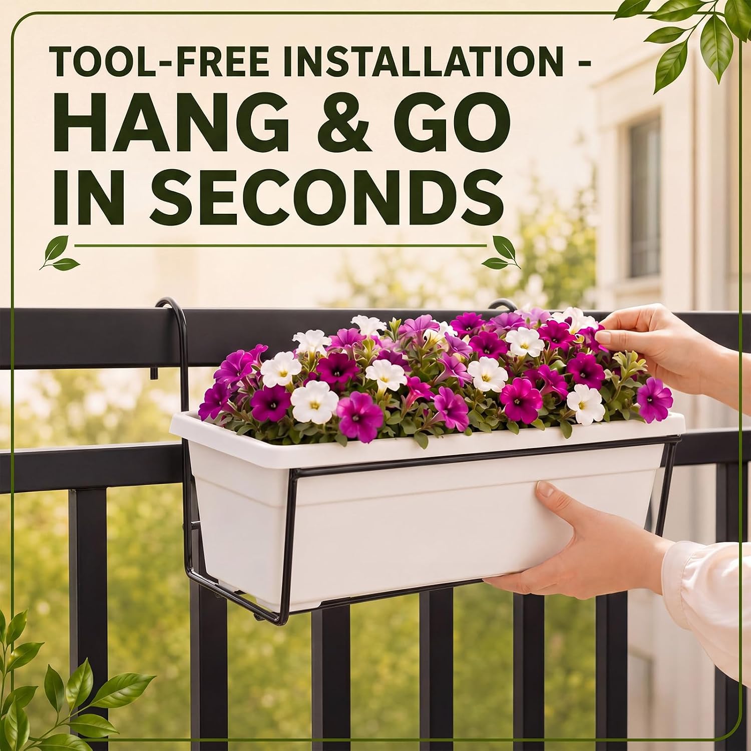 Landhoow 2 Pcs Railing Flower Box Holder, 14in Heavy Duty Metal Hanging Flower Pot Stand, Railing Planter Bracket for