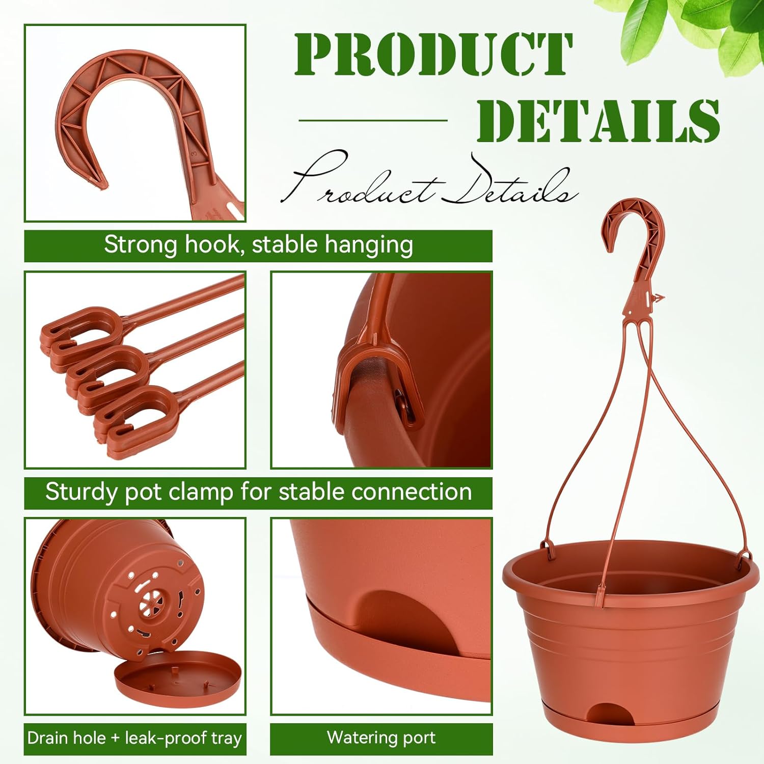 Roshtia 10 Pcs 10 Inch Hanging Baskets for Plants, Brown | Large Plastic Hanging Basket Pots with Drainage Trays, Self