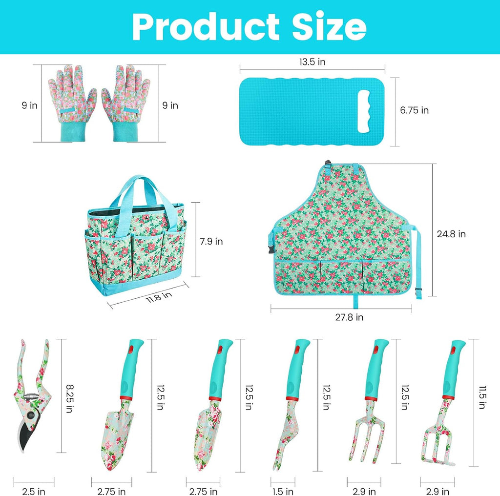 Garden Tools 10 Pack Floral Pattern Garden Tool Set with Tote Bag, Rust-Proof Aluminum Gardening Tools Set, Heavy Duty