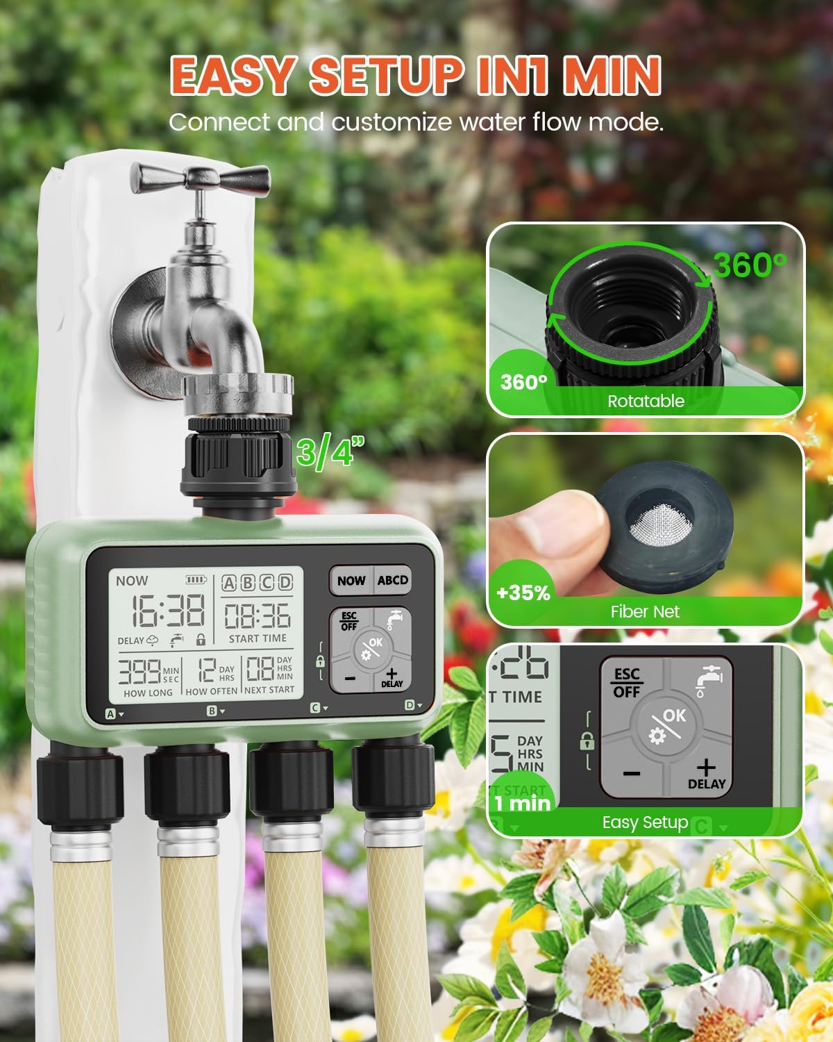 4 Zone Sprinkler Timer, Programmable Water Timer for Garden Hose | 4 independent zones, programmable watering, rain