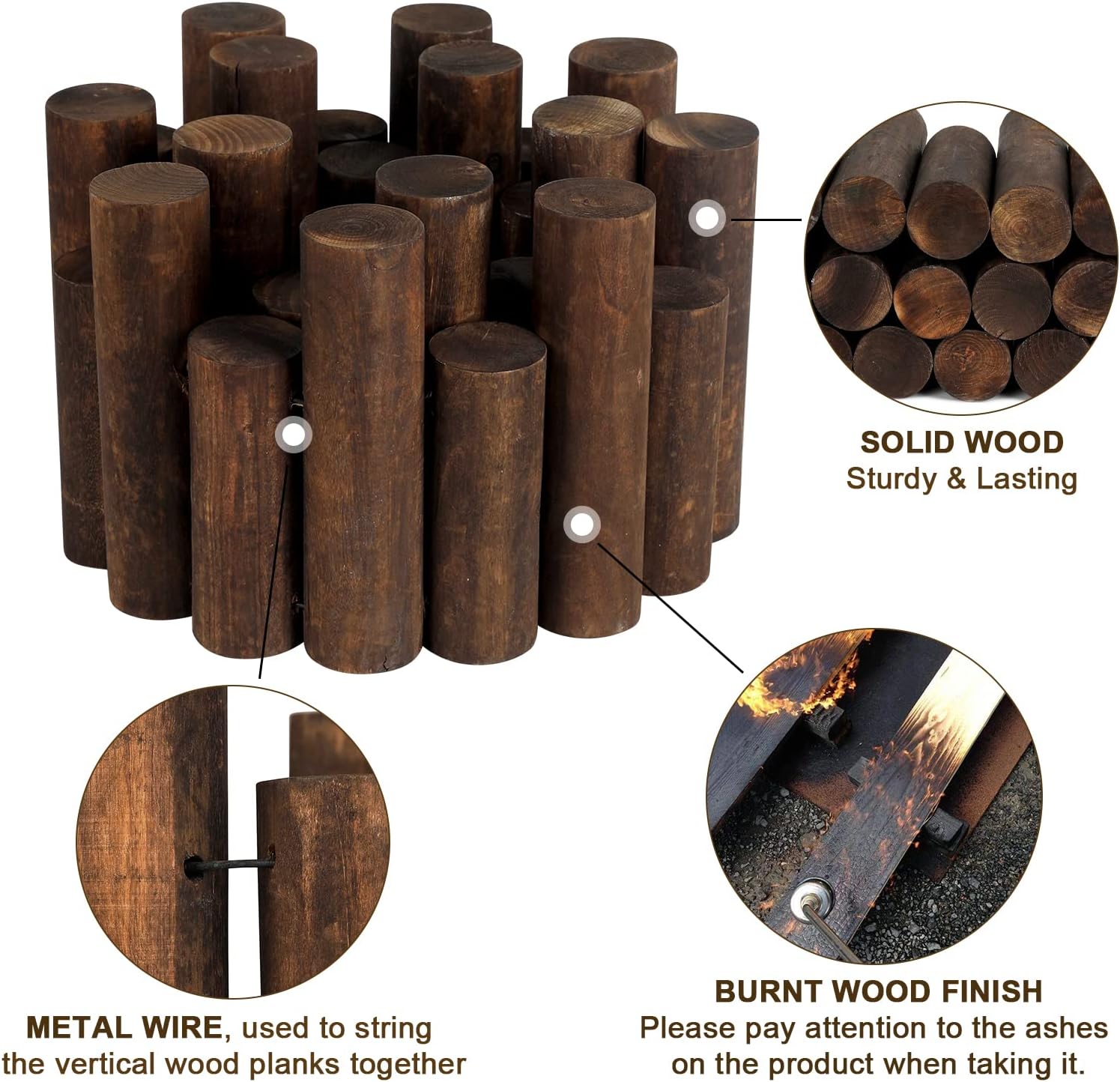 WORTH Wooden Log Rolls Garden Edging, 6.5" H x 47" L Landscape Lawn Border | Decorative Burnt Wood Finish Outdoor