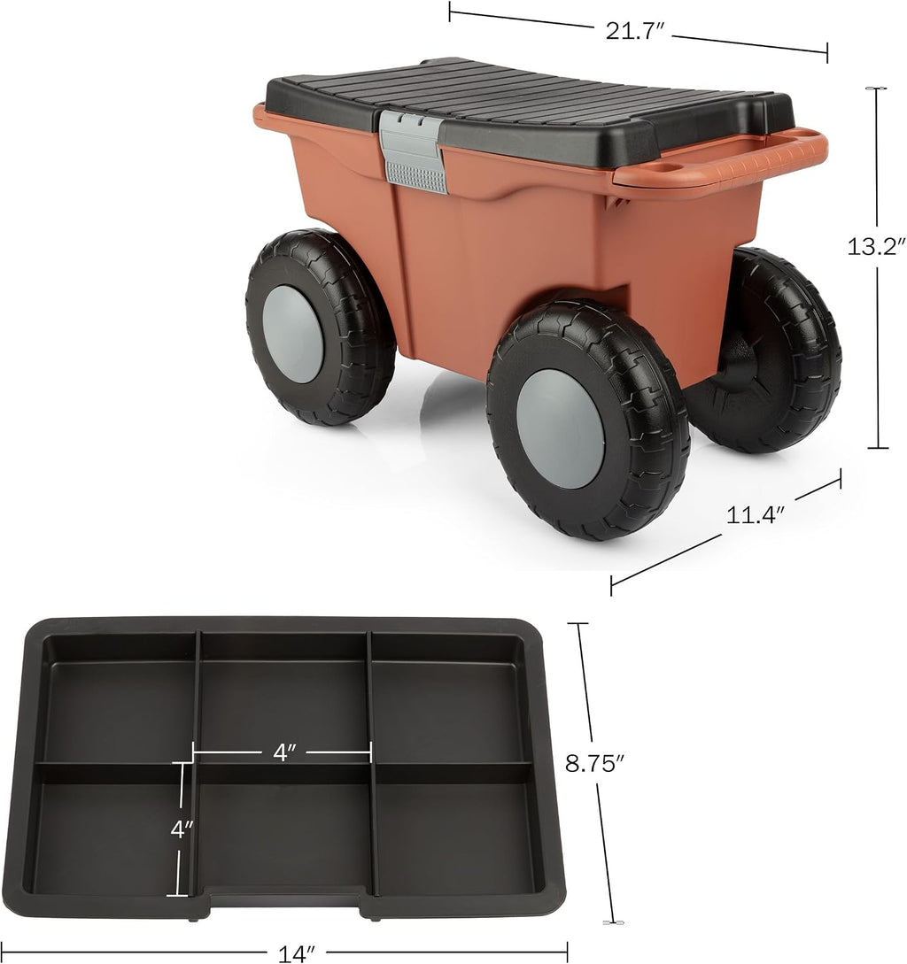 Pure Garden Rolling Garden Cart with Seat, Terracotta | Plastic Garden Bench with Tool Tray for Storage - Gardening
