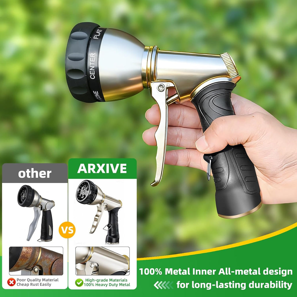 ARXIVE Metal Garden Hose Nozzle, Heavy Duty High Pressure Hand Sprayer | 7 Adjustable Patterns for Watering, Car Wash