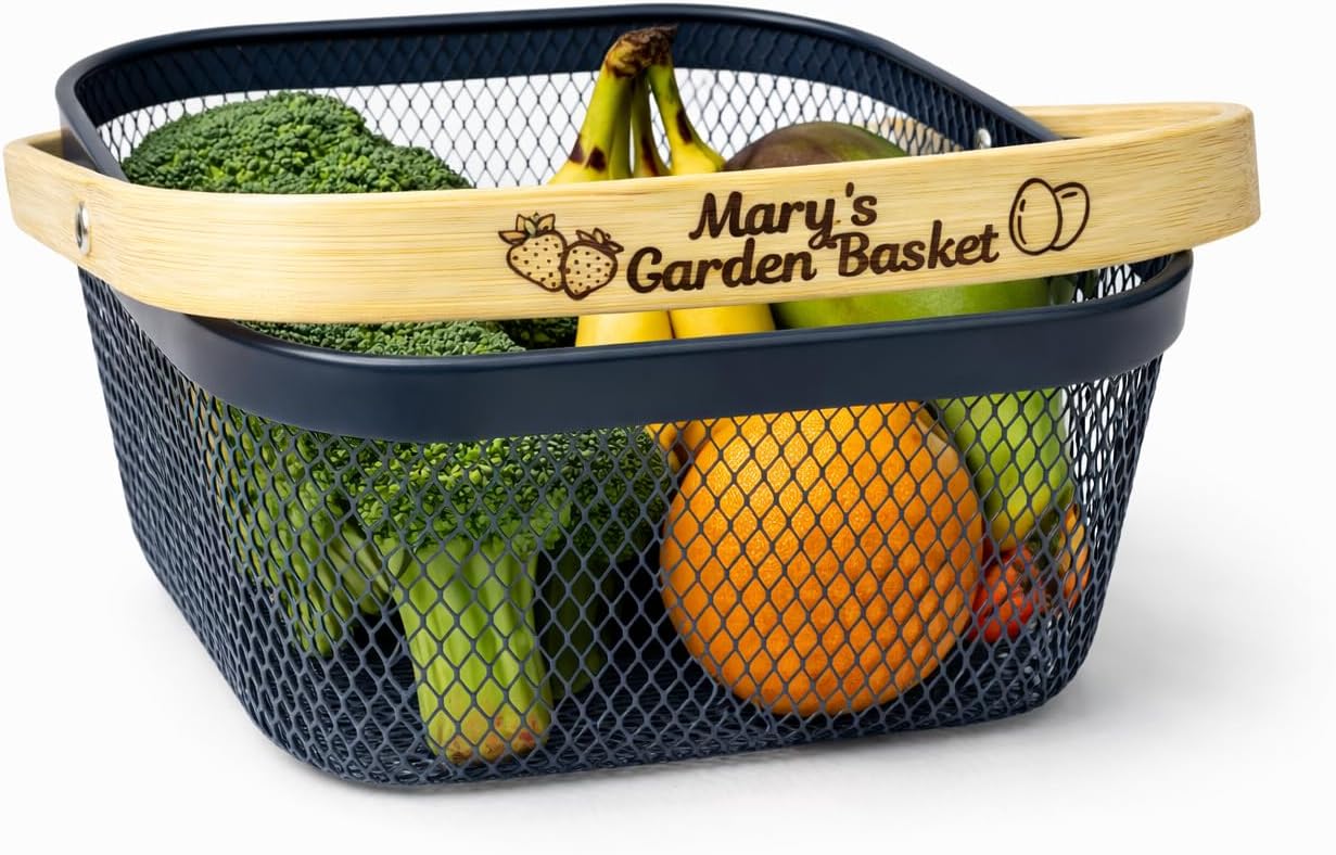 Garden Harvest Basket Dark Mesh Vegetable Hod with Bamboo Handle – Personalized Garden Basket for Harvesting Fruits