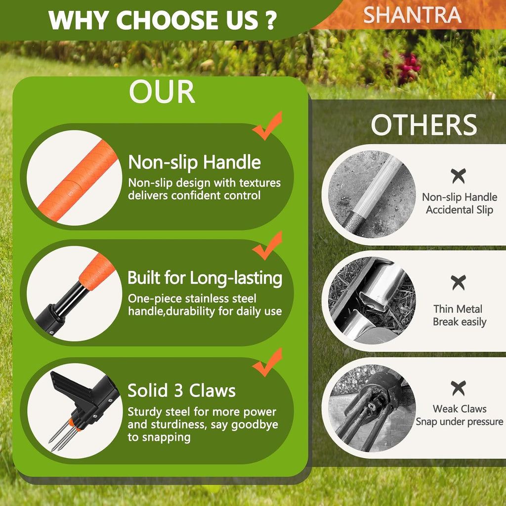 SHANTRA Weed Puller Tool, 3-Claw Stand Up Weed Puller Tool with Long Handle, Garden Weeder Puller Heavy Duty Stand Up