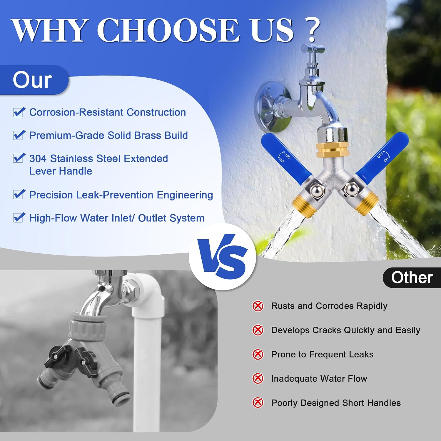 EJW Hose Splitter 2 Way, Garden Hose Splitters, Heavy Duty Faucet Splitter,Rv Brass Water Hose Y Splitter, Double Hose