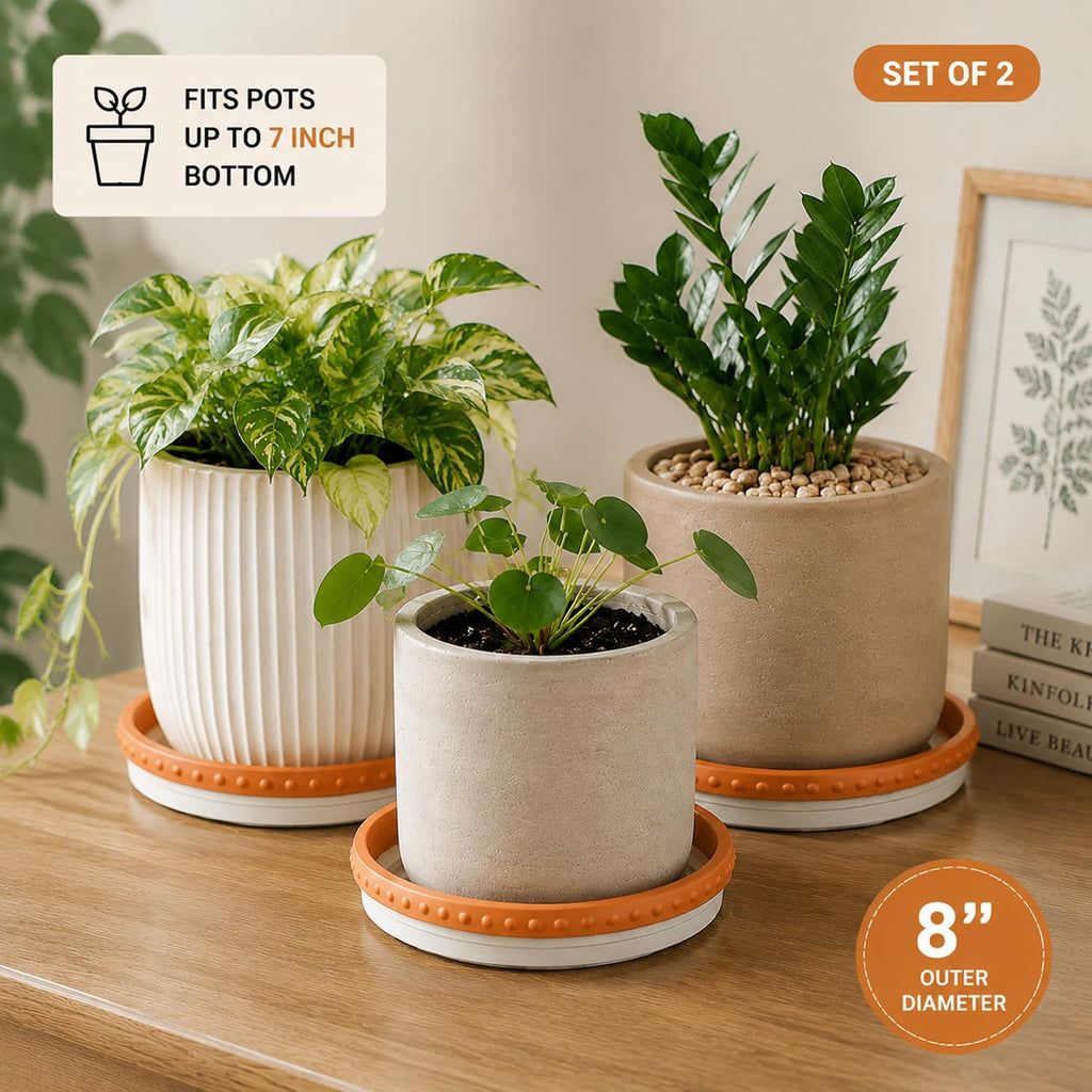 YBX 8-inch Plant Saucer Premium Terracotta Saucer Round Ceramic Plant Trays, Pack of 2 (White/Terracotta) | Glazed