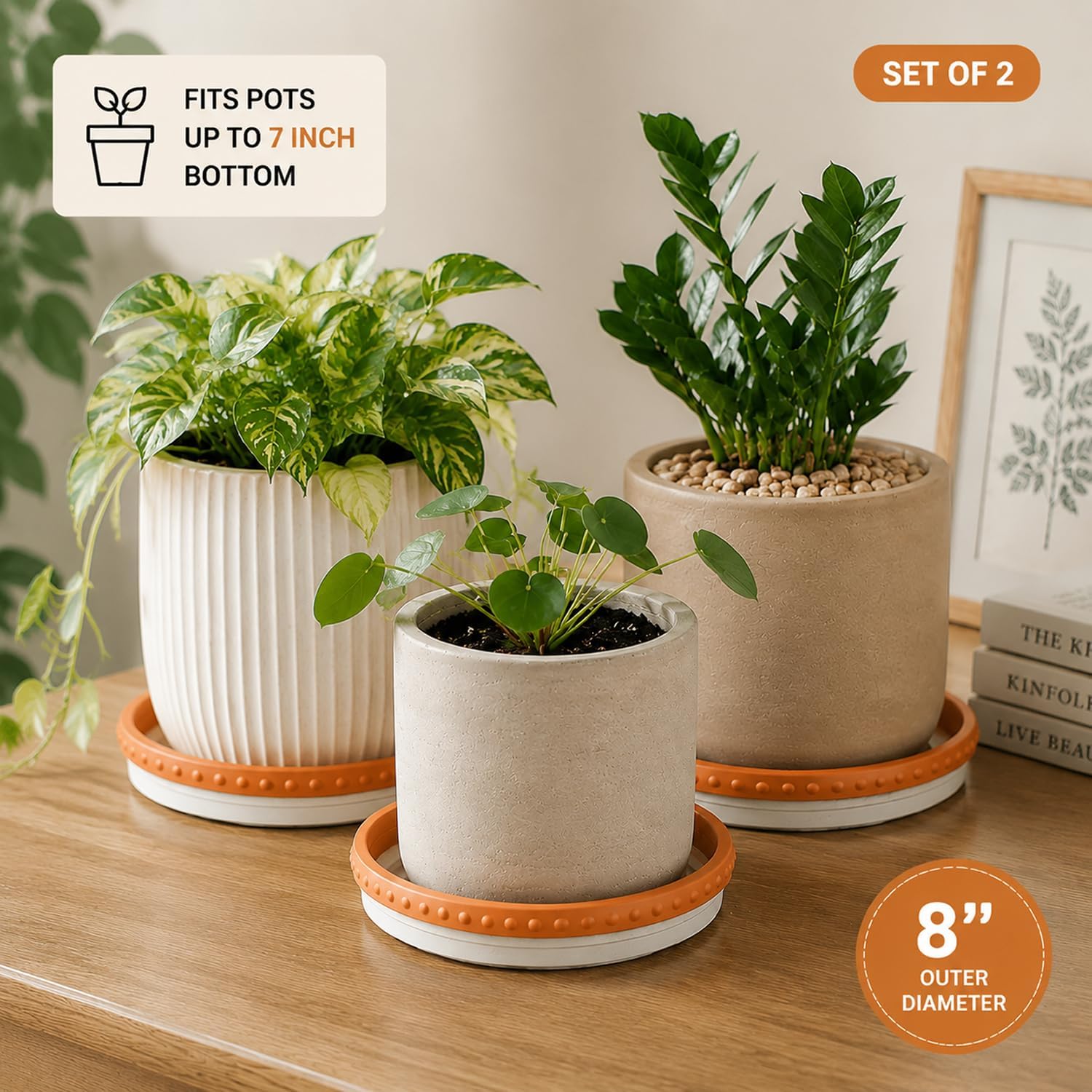 YBX 8-inch Plant Saucer Premium Terracotta Saucer Round Ceramic Plant Trays, Pack of 2 (White/Terracotta) | Glazed