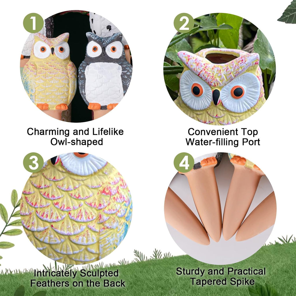 MCleanPin 4 Pack Self Watering Spikes and Globes, Handmade Terracotta Owl Self-Watering Plant Devices with Slow Release