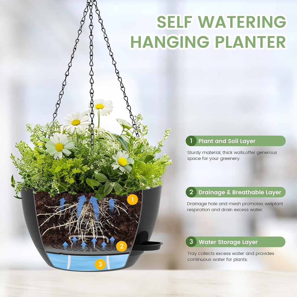 3 Pack 10 Hanging Flower Pots with Chains Self Watering Plastic Planters for Indoor Outdoor Plants, Sturdy Triangular