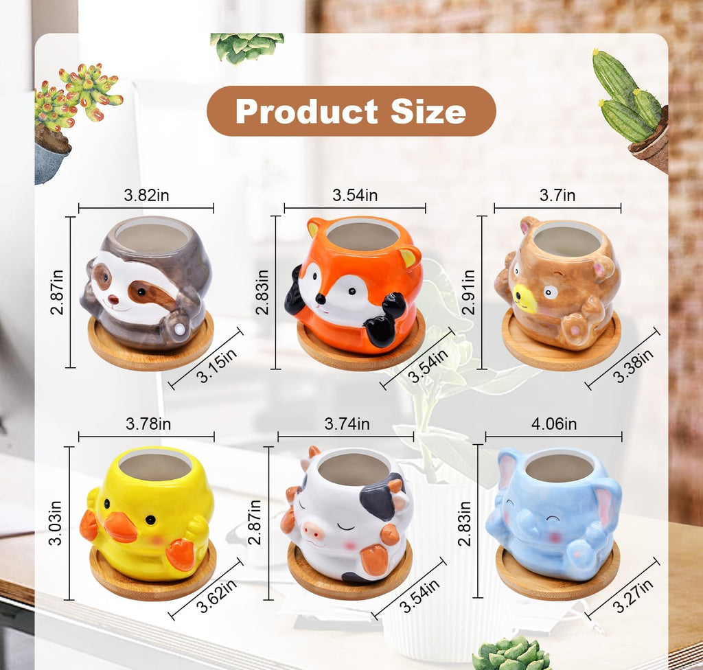Photken 6 Pack Ceramic Succulent Pots with Drainage – Small Animal Planters with Bamboo Trays for Cactus & Indoor
