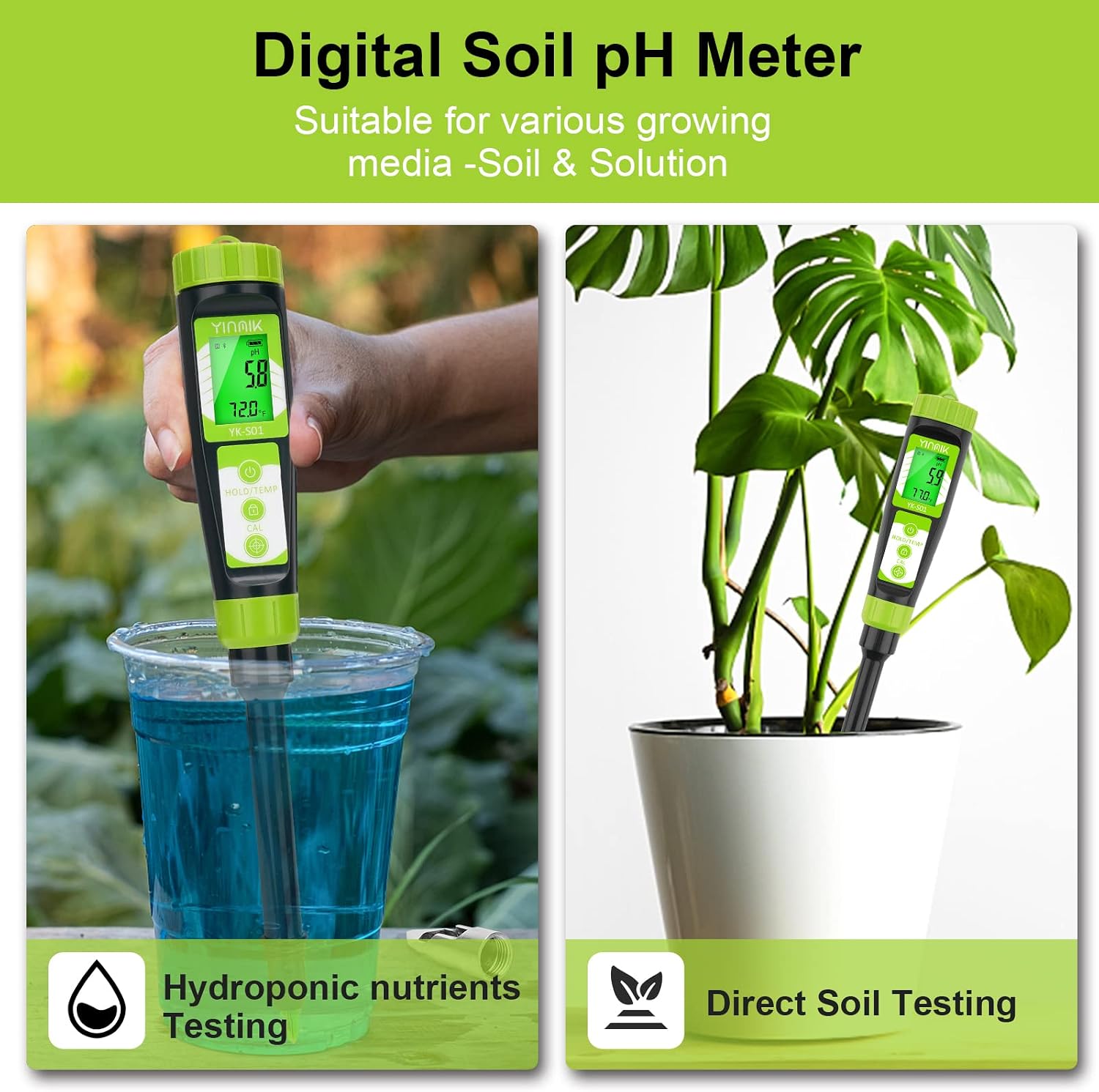Digital Soil pH Meter for Gardeners, Soil Direct pH Tester for Plant Care, Measure pH of Solution Potting Soil Growing