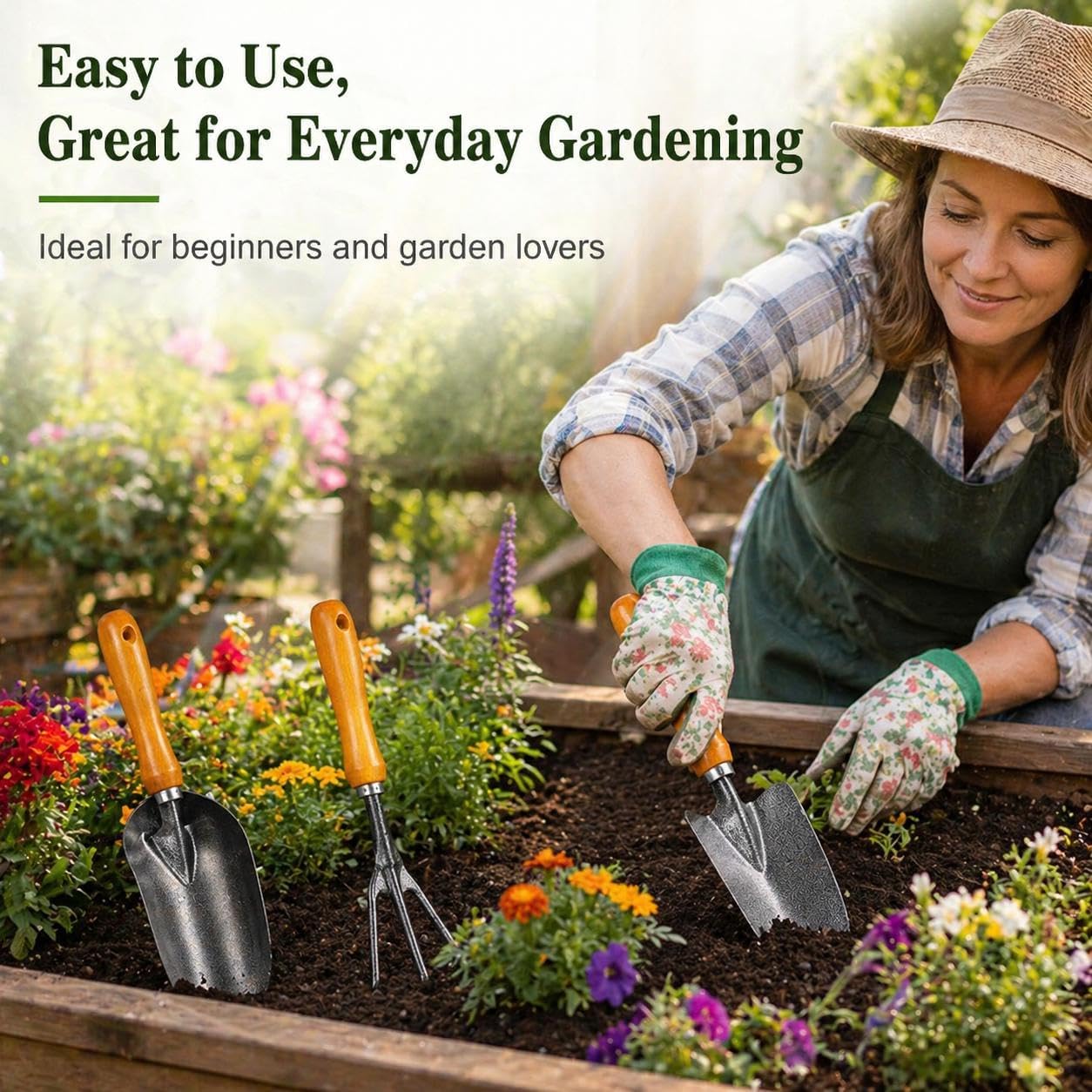 3-in-1 Heavy Duty Gardening Tools Kit, Premium Carbon Steel Garden Hand Tools with Ergonomic Wooden Handle Includes
