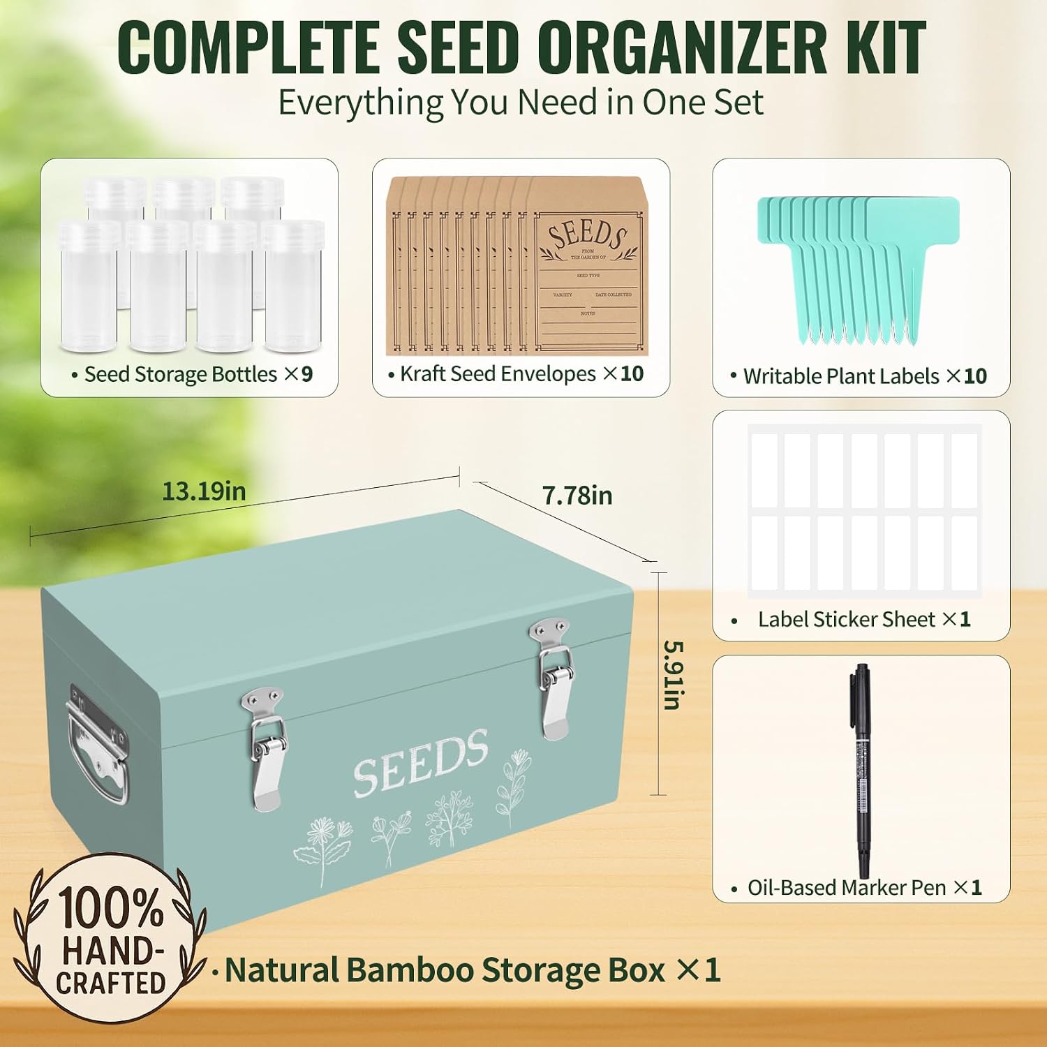 Large Bamboo Wood Seed Storage Organizer Box with Lid, Double-Layer Seal Design Seed Saving Box with 304 Stainless