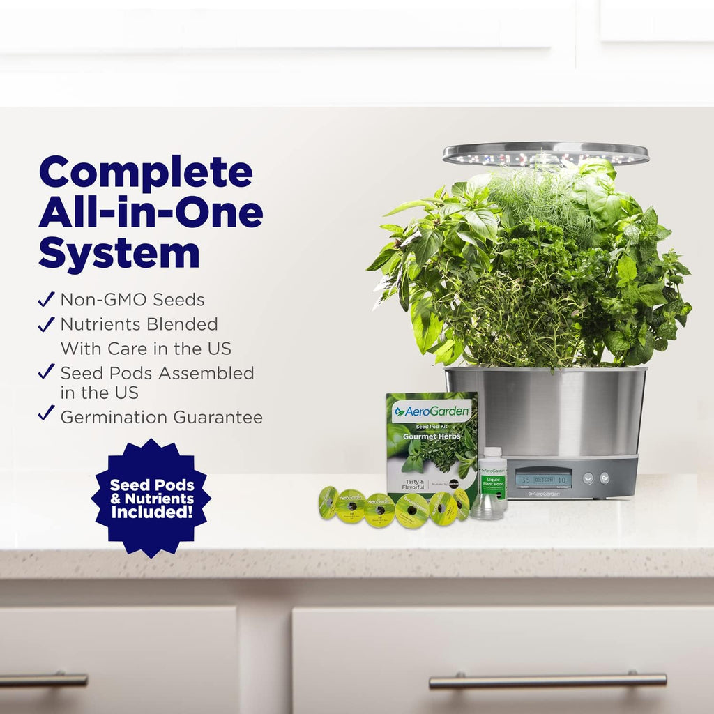 AeroGarden Harvest Elite 360, White Stainless | Indoor Garden with LED Grow Light