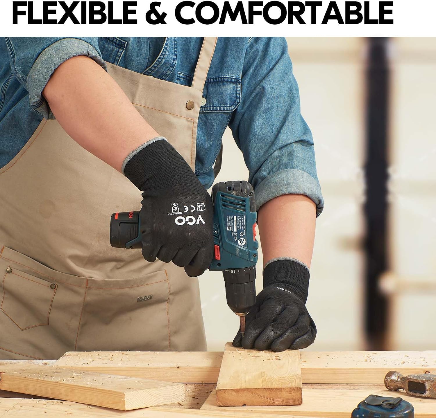 Vgo... 15-Pairs Safety Work Gloves, Gardening Gloves, Polyurethane Coated, Dipping Gloves, Latex Free (Size XL, Black