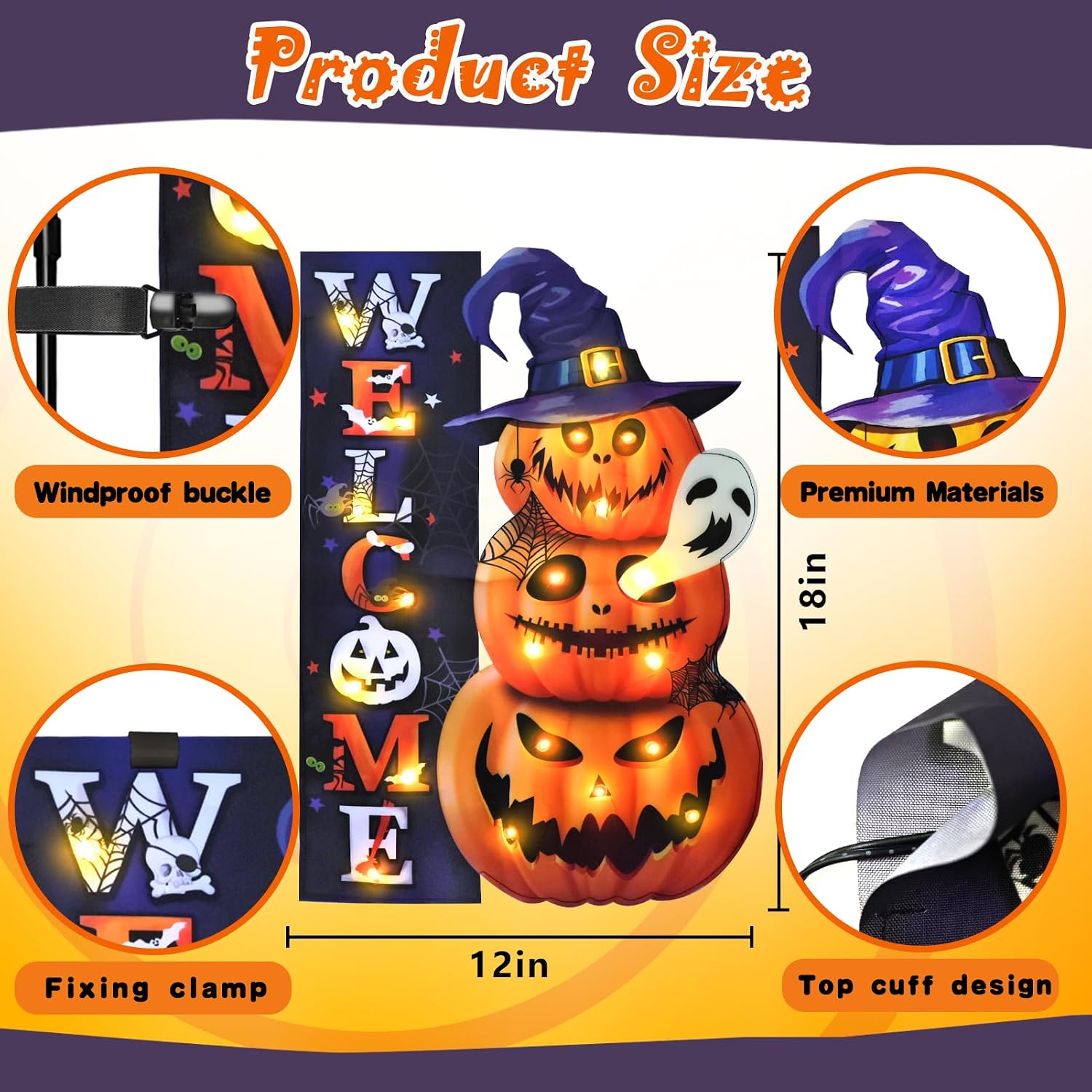 Halloween Lighted Garden Flag, Pumpkin Yard Decor, 12x18 In | Solar Powered, 8 Modes, Double Sided, Welcome Pumpkin