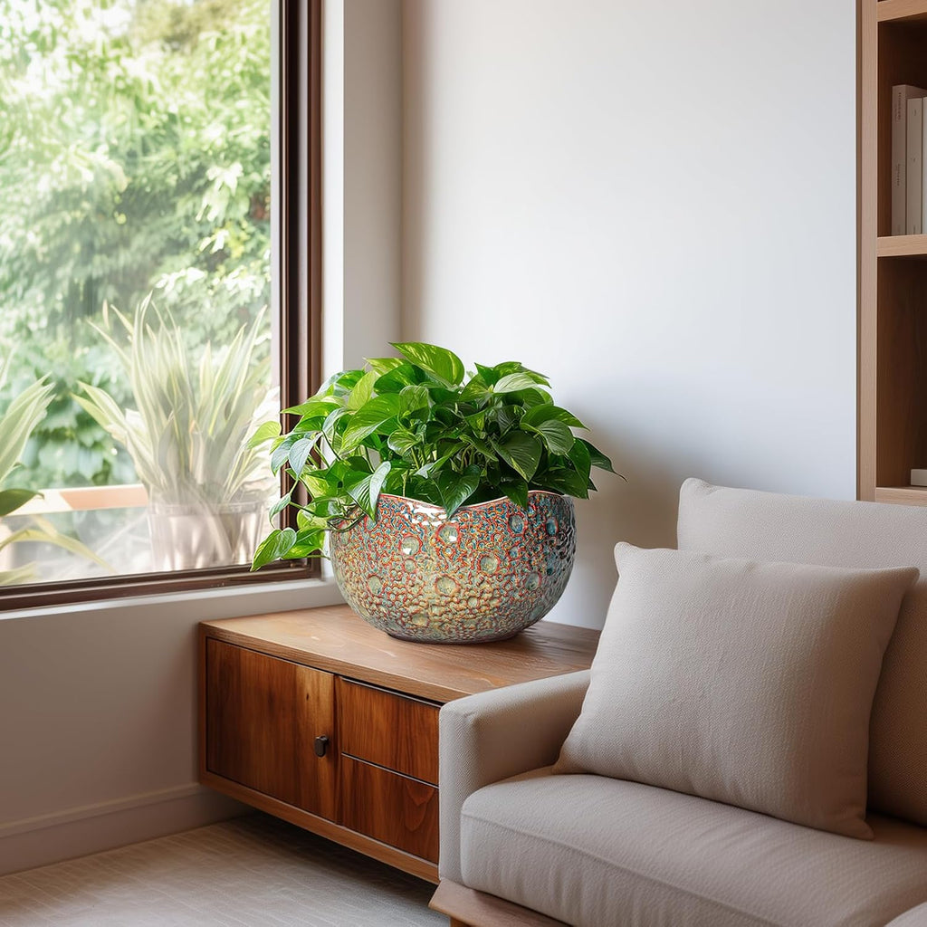 10 Inch Plant Pot - Ceramic Planter with Drainage Hole and Plug, Unique Round Planters for Indoor Outdoor Plants