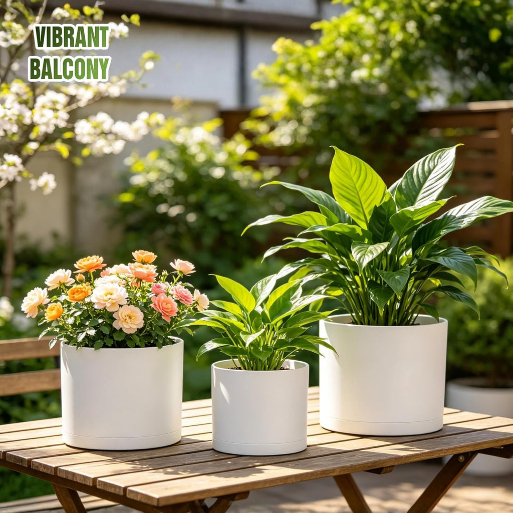 10/9/8 Inch Plant Pots 3 Pack, with Drainage Hole & Saucers | Cylindrical plastic planters with drainage holes &