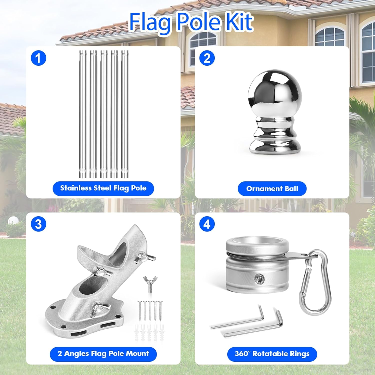 Anovo Flag Pole Kit- Stainless Steel 6 FT Flag Poles with1 Inch Metal 360° Rotating Flag Pole Rings Clip, Two-Position