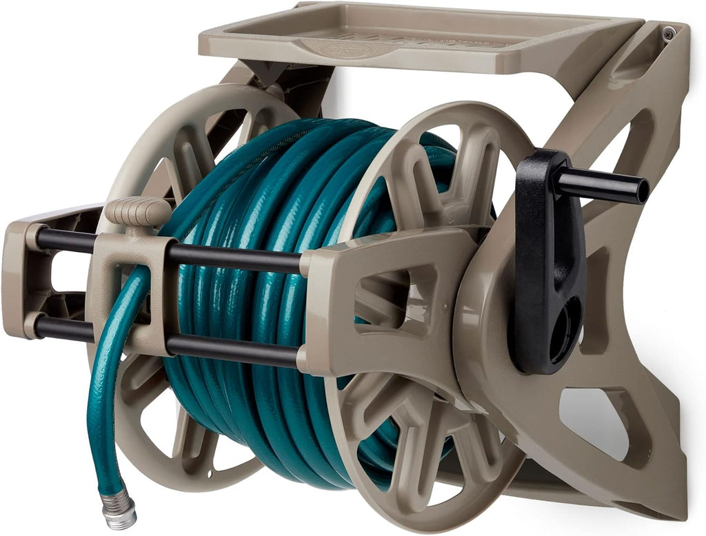 Suncast Slide Trak Garden Hose Reel, Wall-Mount Holder with Storage Tray, Dark Taupe - Outdoor Mounted Organizer for