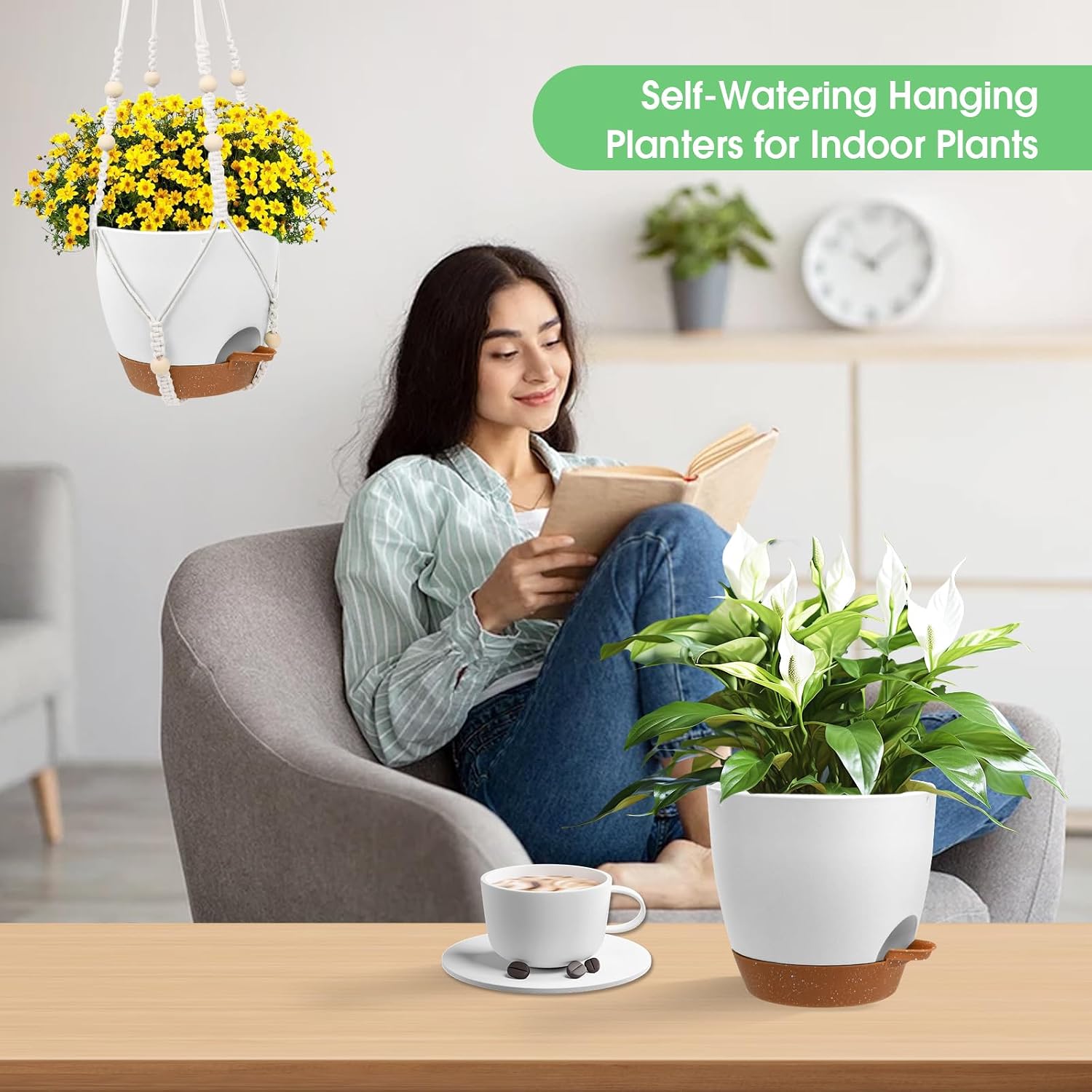 Vanslogreen Hanging Planters for Indoor Outdoor Plants, 2 Pack Self Watering Hanging Pots, Hanging Plant Baskets with