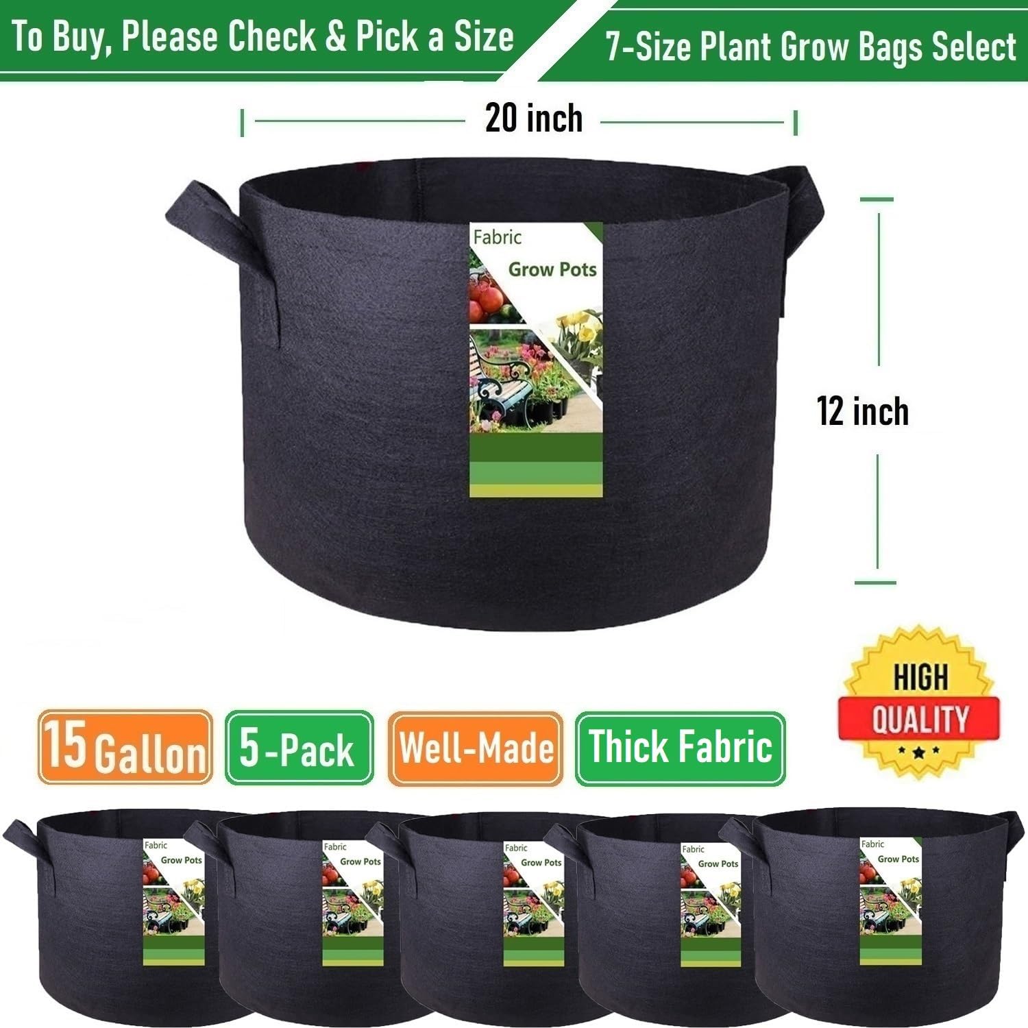5-Pack 15 Gallon Thickened Plant Grow Bags (20x12 in) Fabric Plant Pots for Potato,Tomato Planters,Herbs Veggies