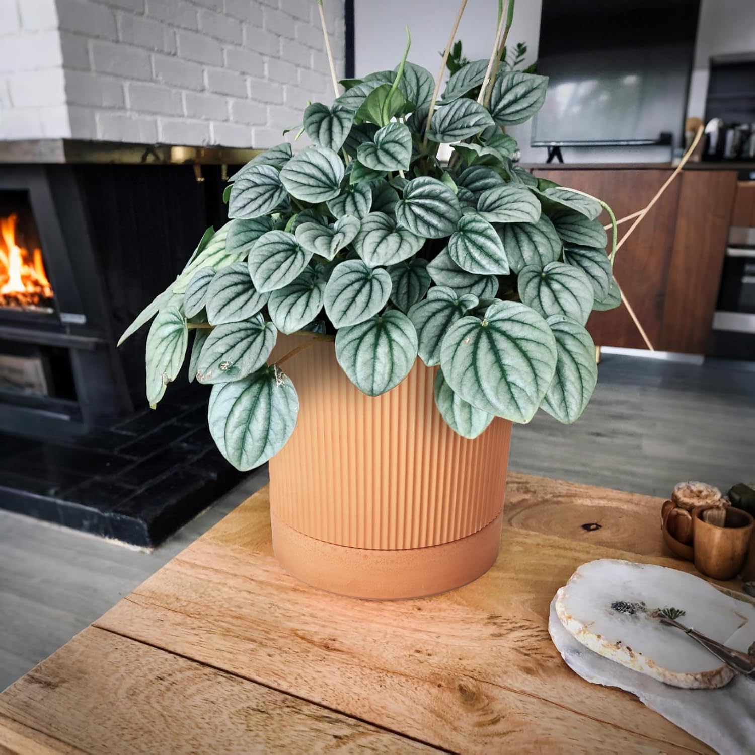 HERDUK Modern Terracotta Pots, 6 Inch Ribbed Textured Clay Planter Pots with Drainage Hole & Saucer, Garden Pots for